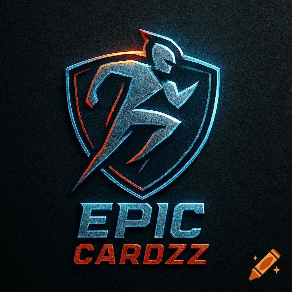 Metallic sports logo with a running figure on a shield, glowing blue and orange edges, and embossed text 'EPIC CARDZZ'.