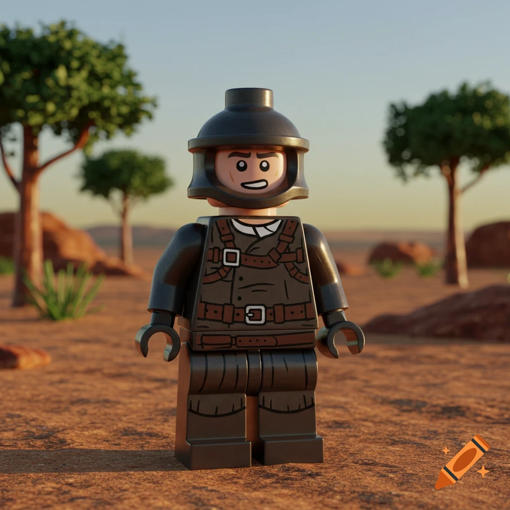 A Lego minifigure wearing a dark helmet and armored tunic stands in a sunlit desert landscape.