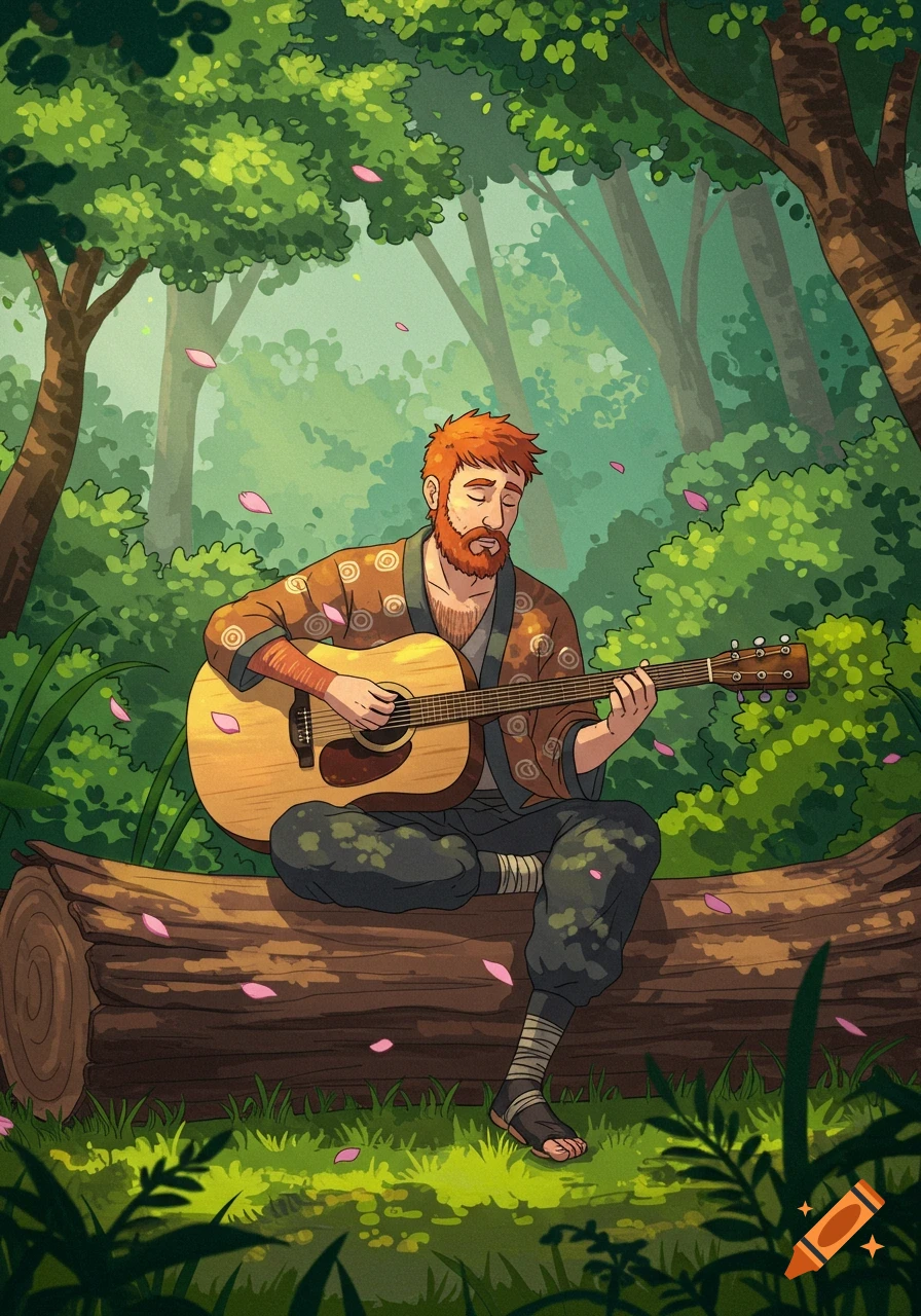 An animated illustration of a bearded redhead playing an acoustic guitar on a log in a lush forest with falling pink petals.