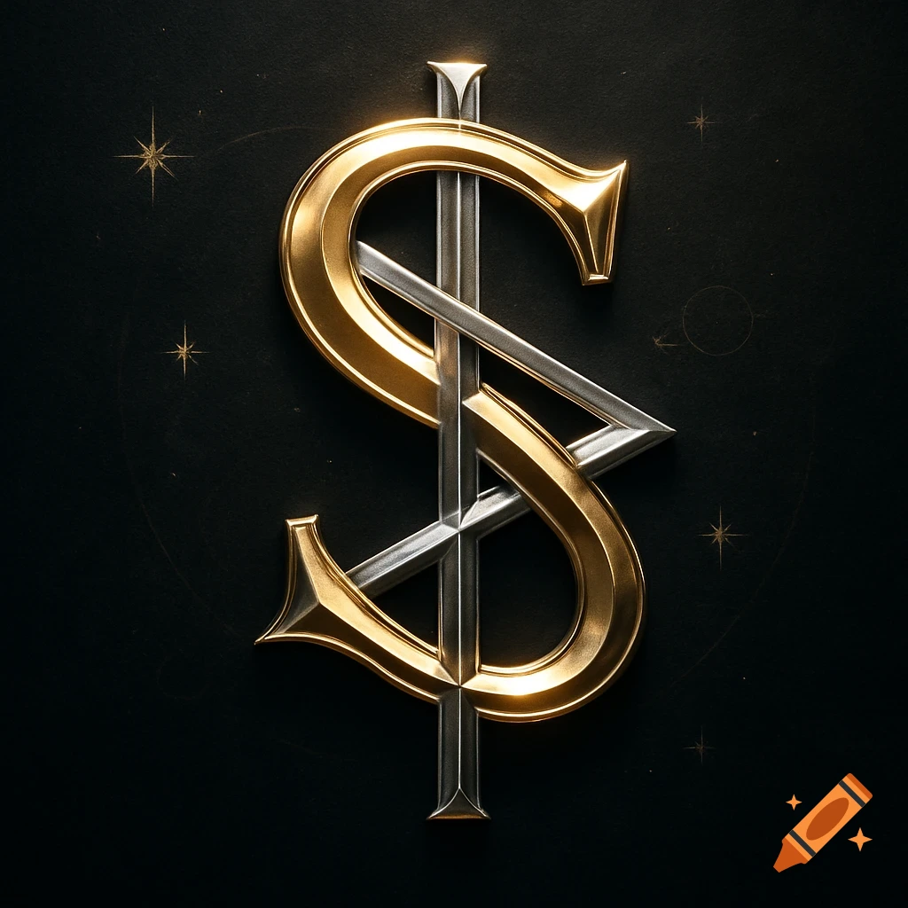 A stylized dollar sign with gold and silver metallic finishes, set against a dark, textured background with subtle stars.