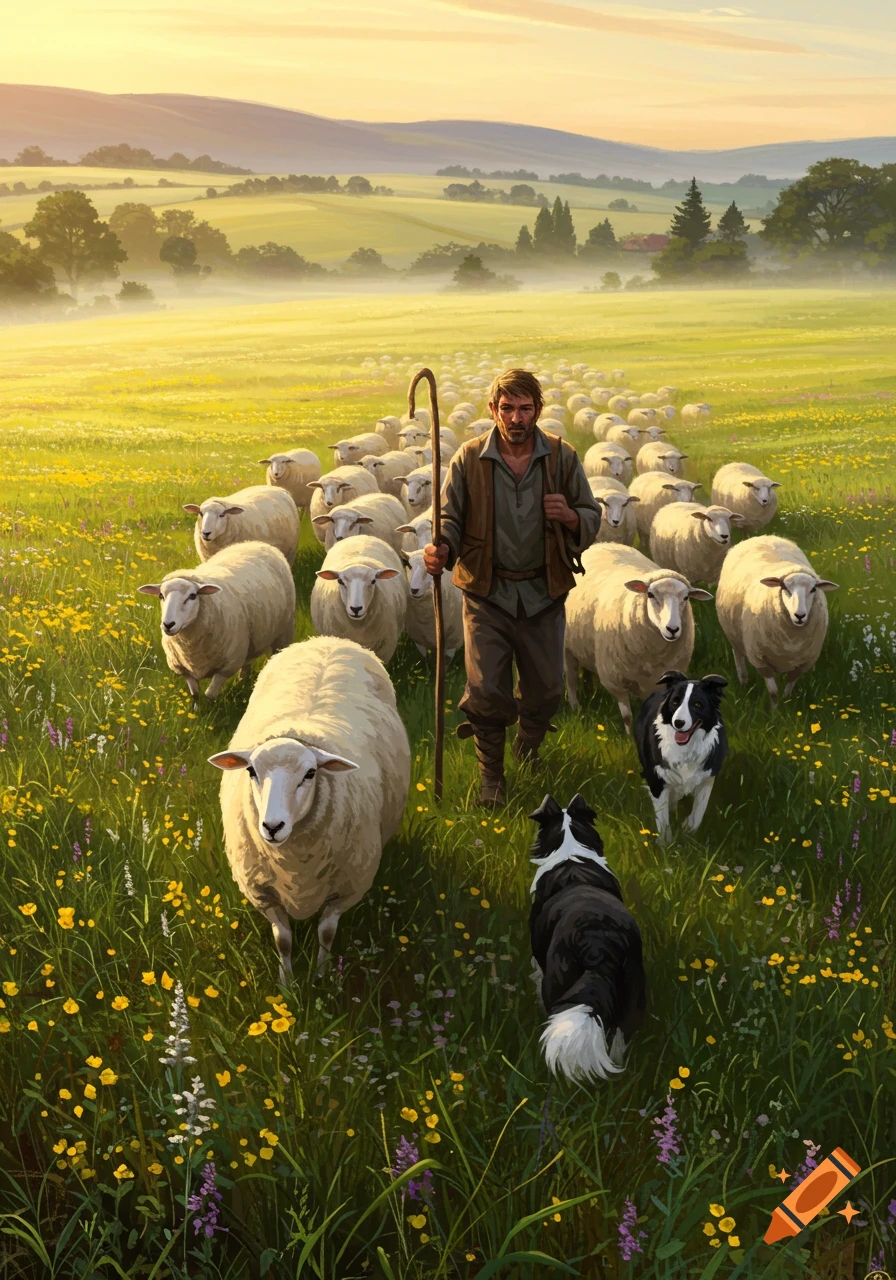 A shepherd, sheep, and two dogs walk through a sunny, flowery green field with misty hills in the background, digital art.