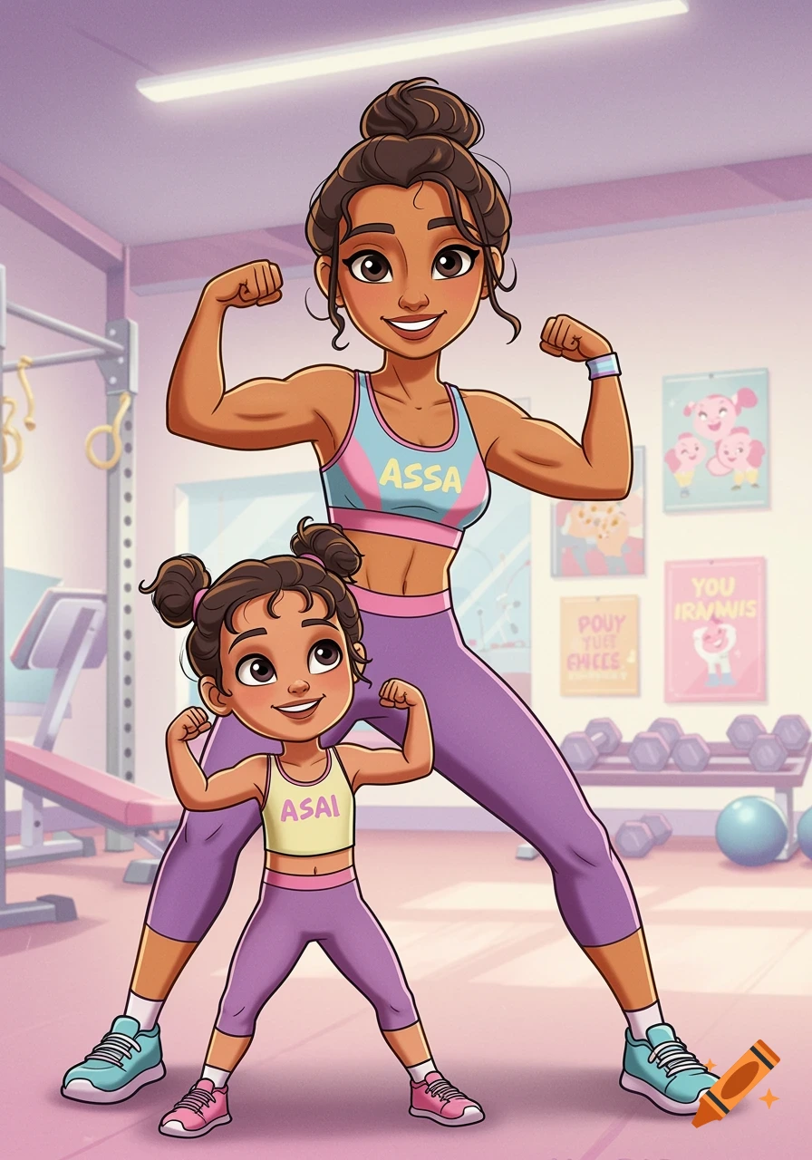 A cartoon mother and daughter, resembling Disney's Asha, flex their muscles in a gym, smiling broadly.