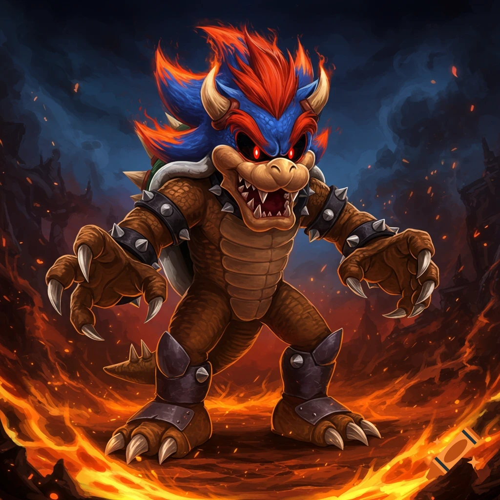 Menacing Bowser-Sonic fusion with red eyes, spiky blue and red hair, sharp claws, and armor, standing in a fiery landscape. Digital art.