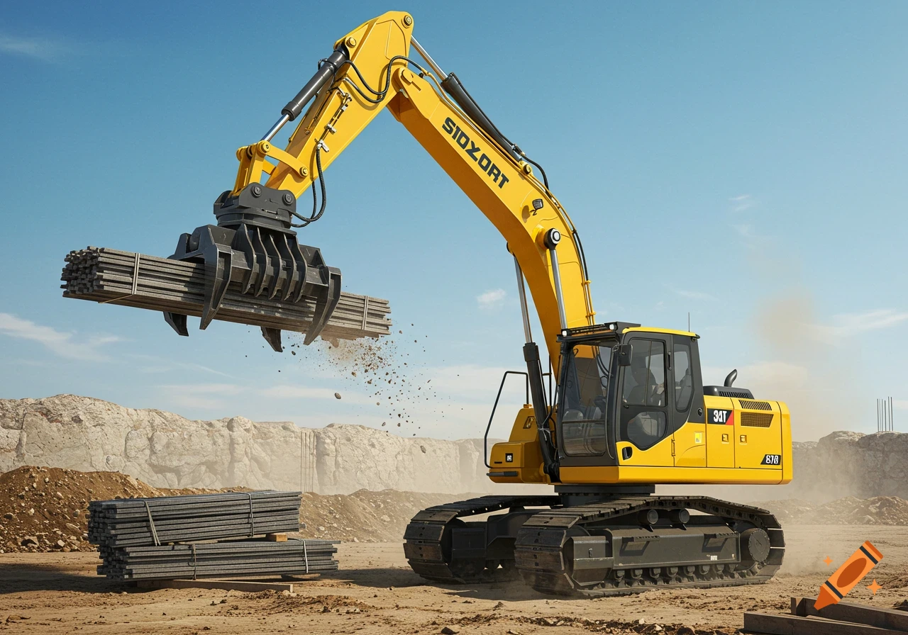 A yellow excavator with a grapple bucket lifts bundles of steel rebar at a dusty construction site.