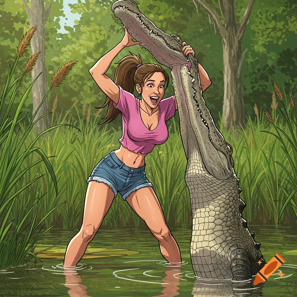 A grinning cartoon woman in a pink crop top and jean shorts holds the jaw of an alligator in a swamp.