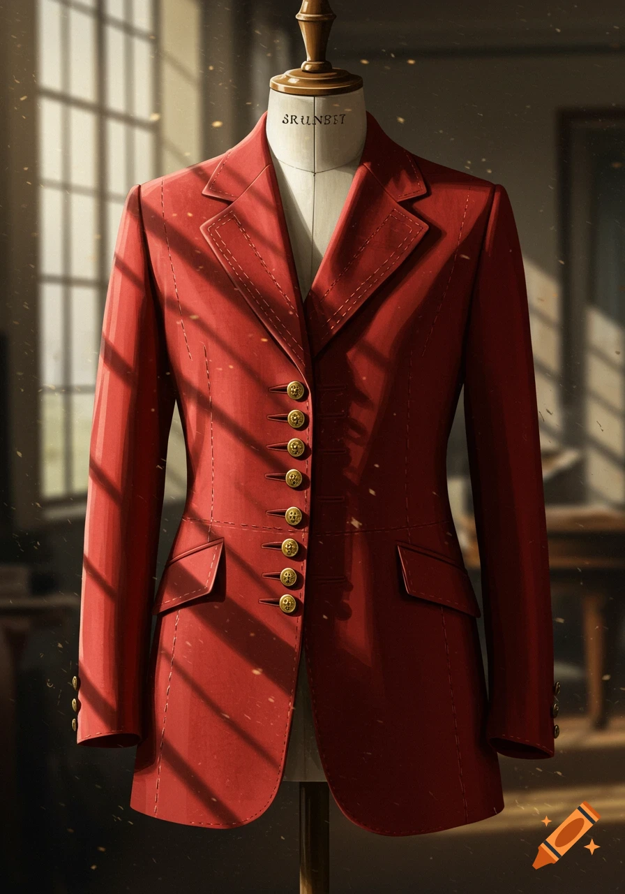 A bright scarlet jacket with gold buttons displayed on a tailor's mannequin, illuminated by sunlight filtering through a window.