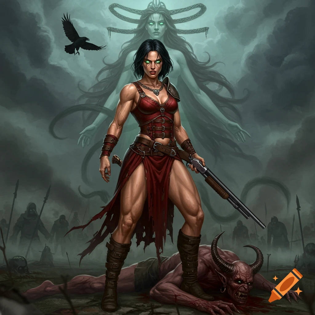 A muscular Celtic warrior woman stands on a battlefield over a slain demon, holding a shotgun, with a ghostly Morrigan in the background.