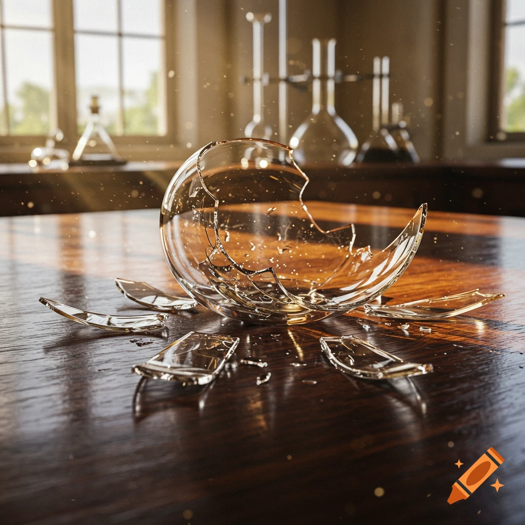 Photorealistic image of a broken glass beaker on a dark wooden table, with light rays and dust particles in a lab setting.
