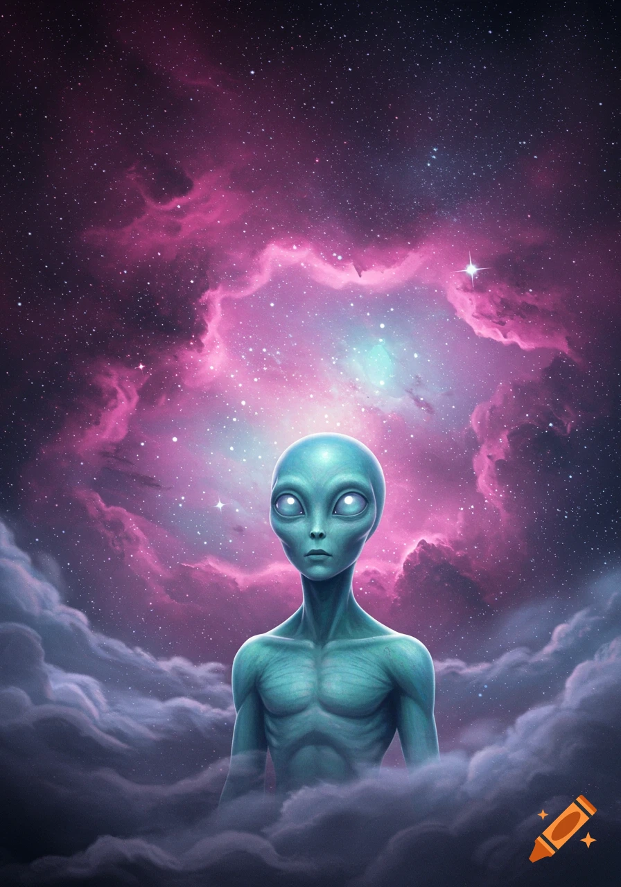 A teal alien with large glowing eyes stands in space, surrounded by purple and pink nebulae and dark clouds. Stylized illustration.