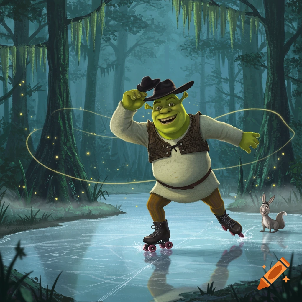 Shrek roller skating on ice in a magical swamp, tipping his fedora, while Donkey watches. Illustrated style.