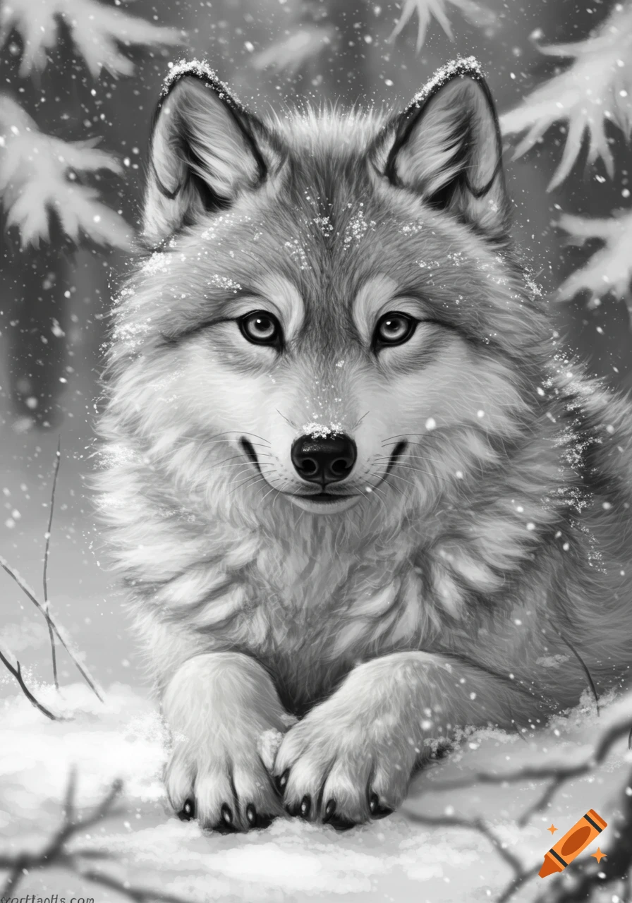A cute, realistic black and white wolf lies in a snowy forest with falling snowflakes.