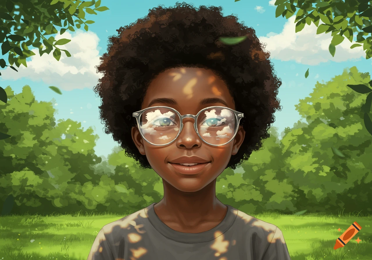 An illustrated portrait of a smiling dark-skinned boy with an afro and clear glasses, standing outdoors in dappled sunlight.