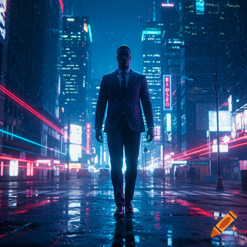 A man in a dark suit walks confidently down a rainy, neon-lit city street at night, reflecting blue and red lights.