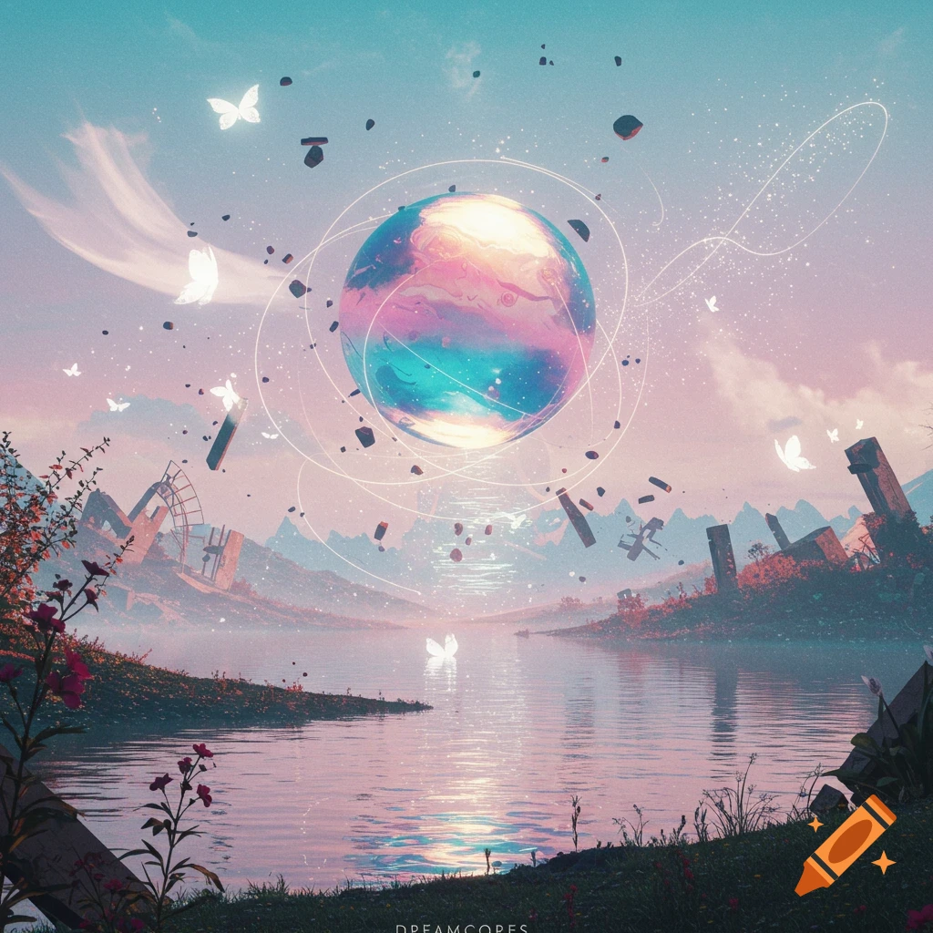 Surreal dreamcore landscape with a glowing pastel planet, butterflies, and ruins by a reflective lake under a pink and blue sky.
