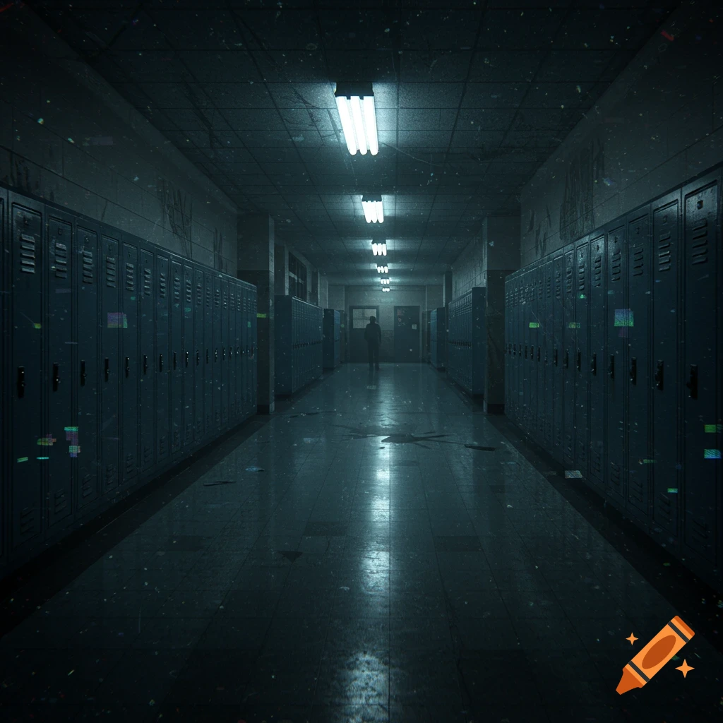 A dimly lit, eerie school locker hallway with a lone figure standing in the distance, featuring digital static and grunge effects.