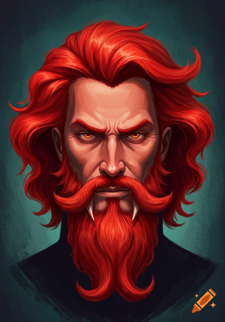 Illustrated character portrait of a man with bright red hair, a forked red beard, fangs, and glowing orange eyes.