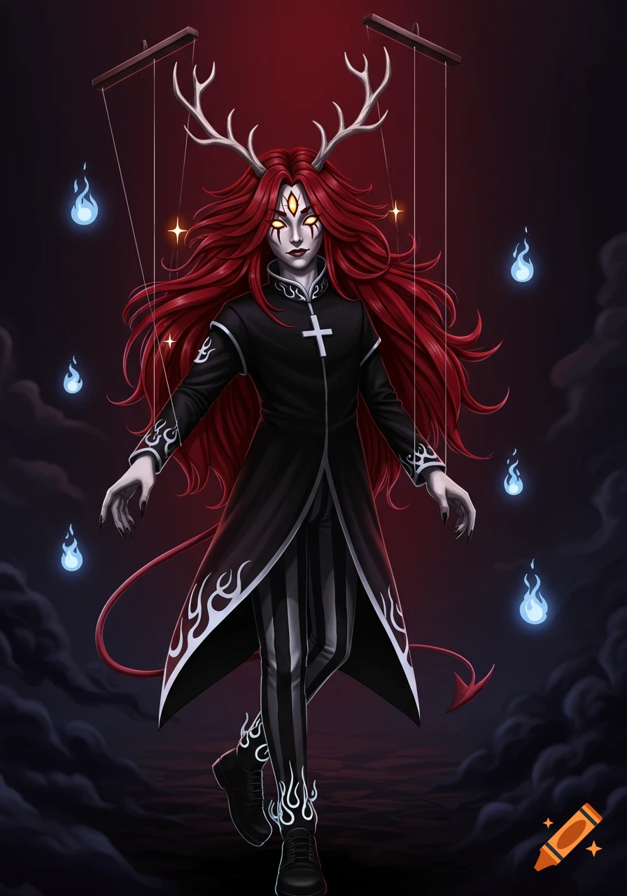 A red-haired demon puppet with antlers, three glowing eyes, and a black coat with a cross, surrounded by blue flames in a dark digital illustration.
