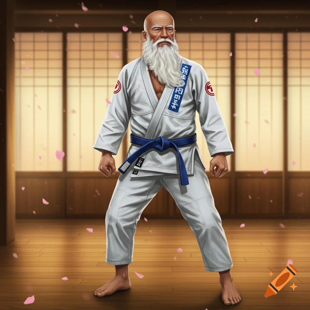 A bald old man with a long white beard, wearing a white jiujitsu gi with a blue belt, stands in a traditional Japanese dojo.