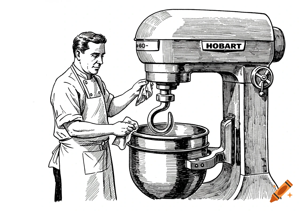 Vintage illustration of a baker cleaning a large Hobart stand mixer with a dough hook.
