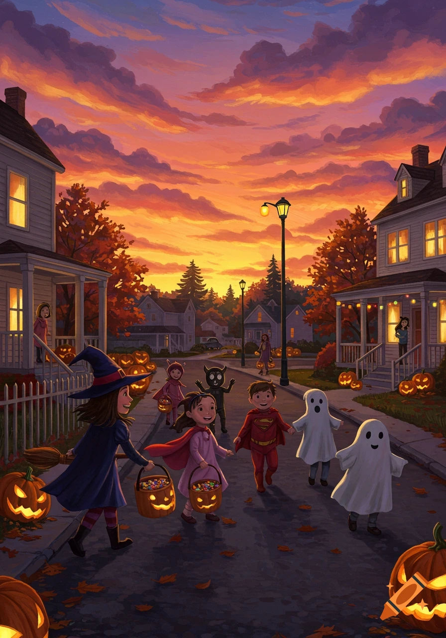 Illustrated scene of children in Halloween costumes trick-or-treating on a street at sunset, with glowing jack-o'-lanterns.