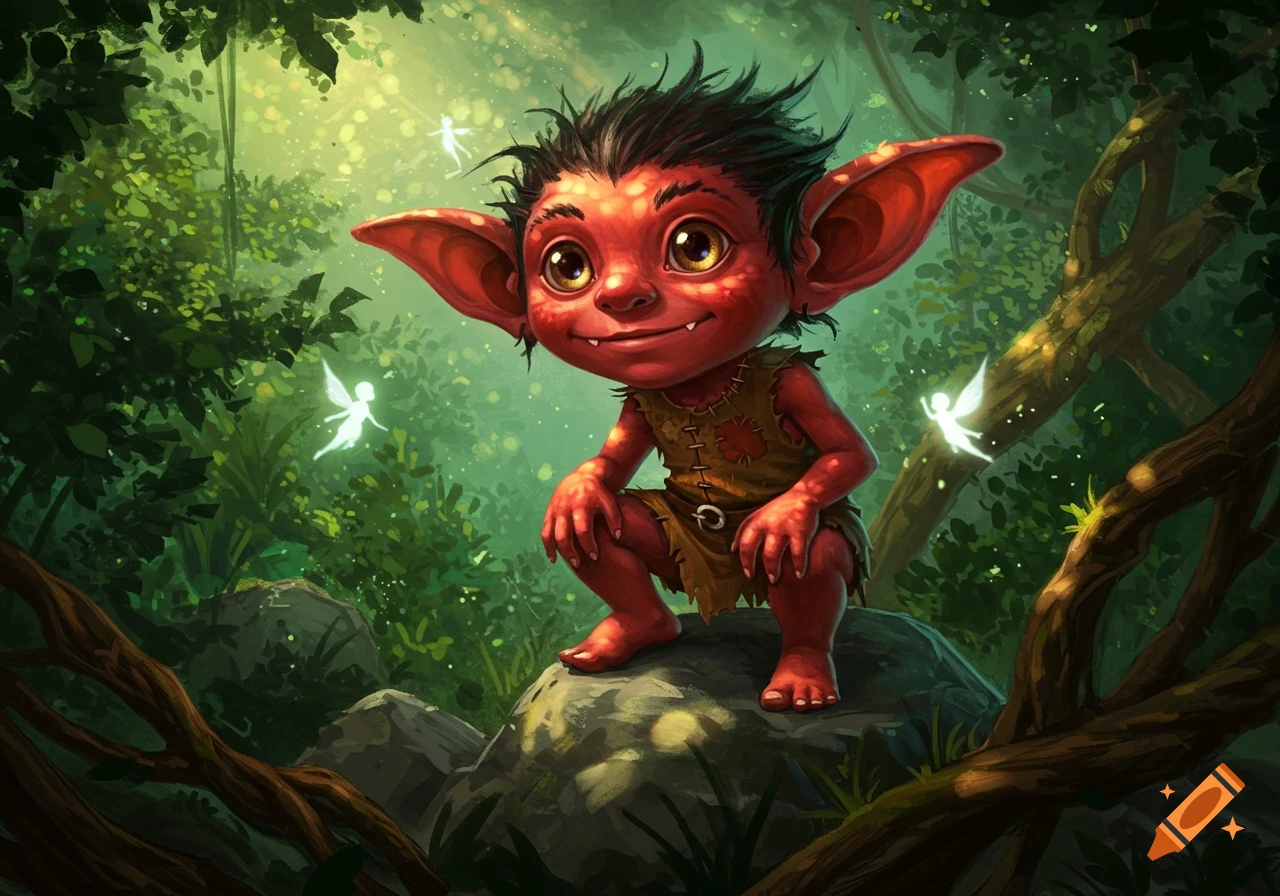 A cute red goblin-like creature with large round ears and spiky black hair crouches on a rock in a mystical green forest with glowing fairies.