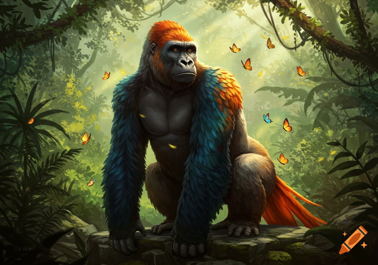 A vibrant gorilla-like creature with colorful bird feathers sits on a rock in a lush jungle with butterflies.