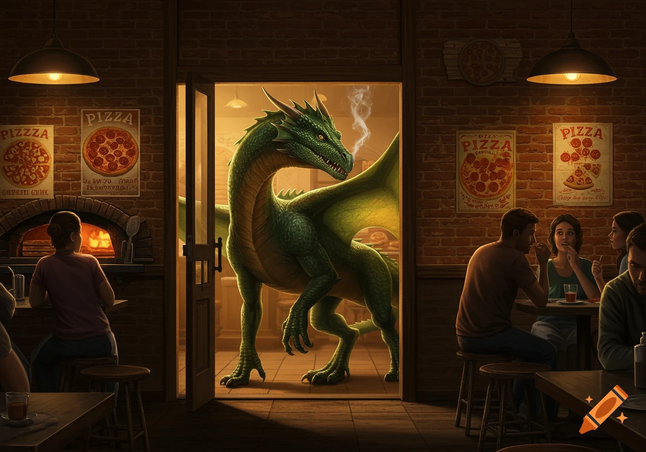 A large green dragon enters a dimly lit brick-walled pizzeria, where patrons sit at tables and pizzas bake in an oven.