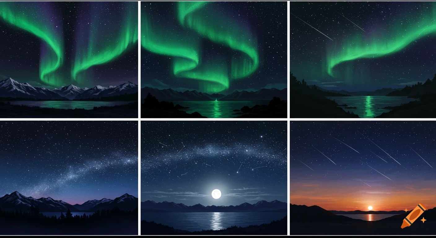 Six stylized panels depicting various night skies over mountains and lakes, featuring aurora, Milky Way, moon, meteors, and sunset.