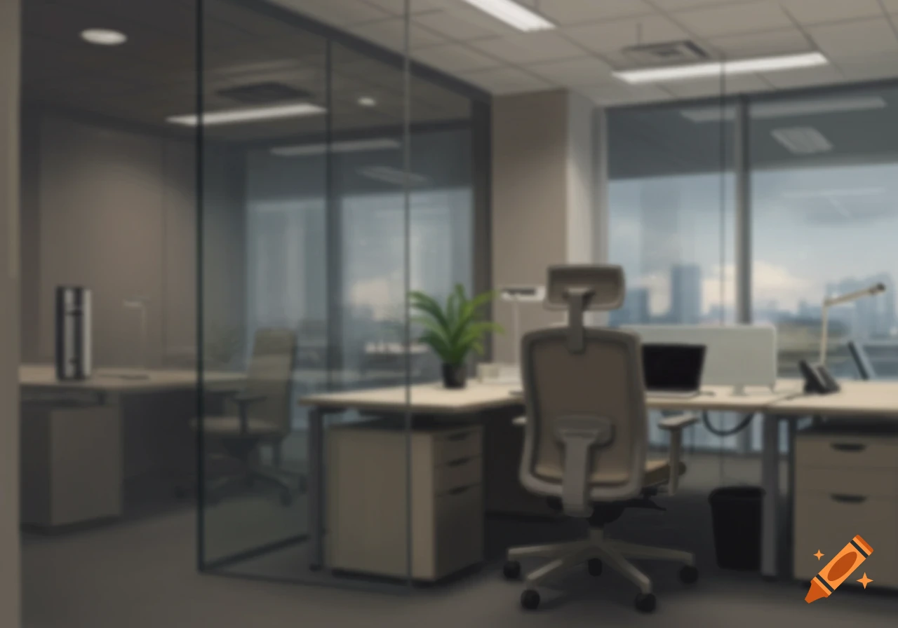 A blurred view of an office with desks, chairs, and windows showing a city skyline.
