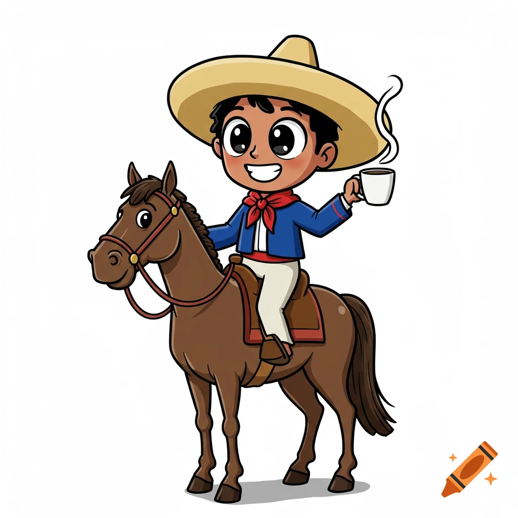 A vibrant cartoon boy, styled like Juan Valdez, rides a horse while holding a steaming coffee cup.