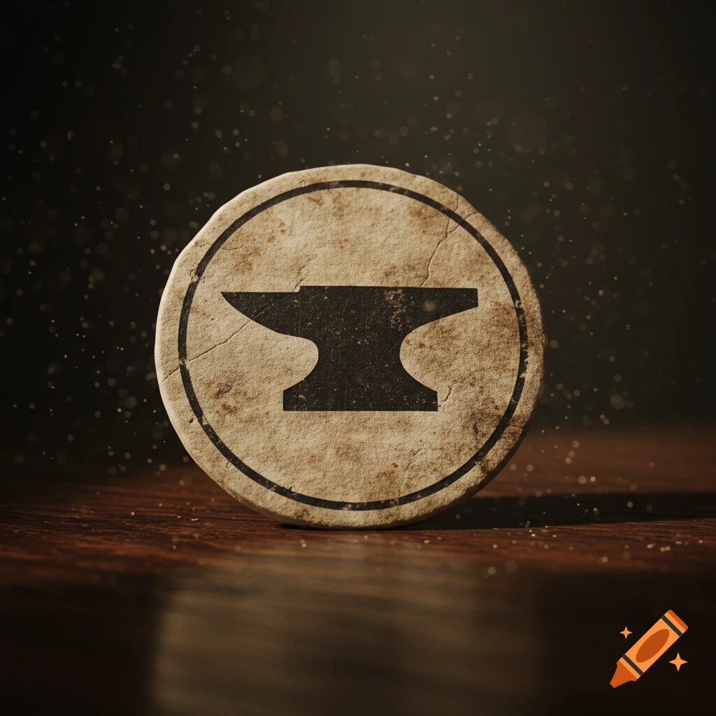 A round, textured paper coin with a black anvil symbol, resting on a wooden surface with a dark, dusty background.