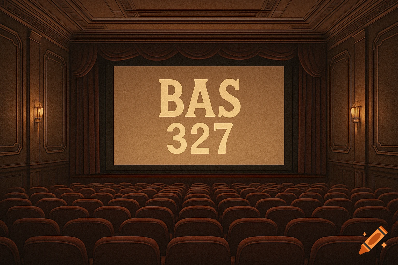 An empty, classic cinema interior with rows of red seats facing a large screen displaying the text 'BAS 327'.
