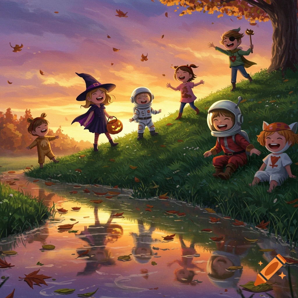 Illustrated scene of happy kids in Halloween costumes playing on a grassy hill next to a stream with autumn leaves at sunset.