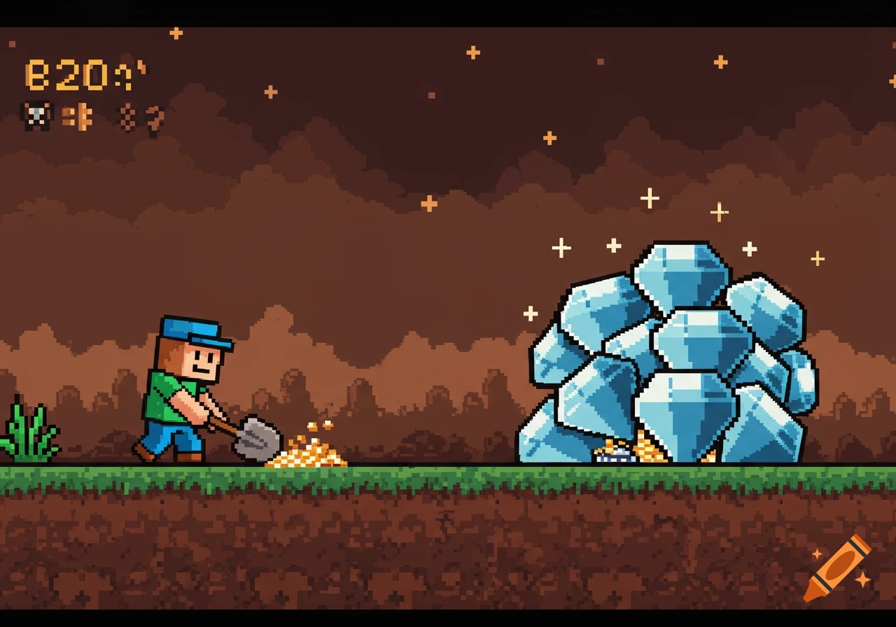 A pixel art miner digs golden ore, while a large pile of sparkling blue diamonds glows in the background of a retro 8-bit game scene.