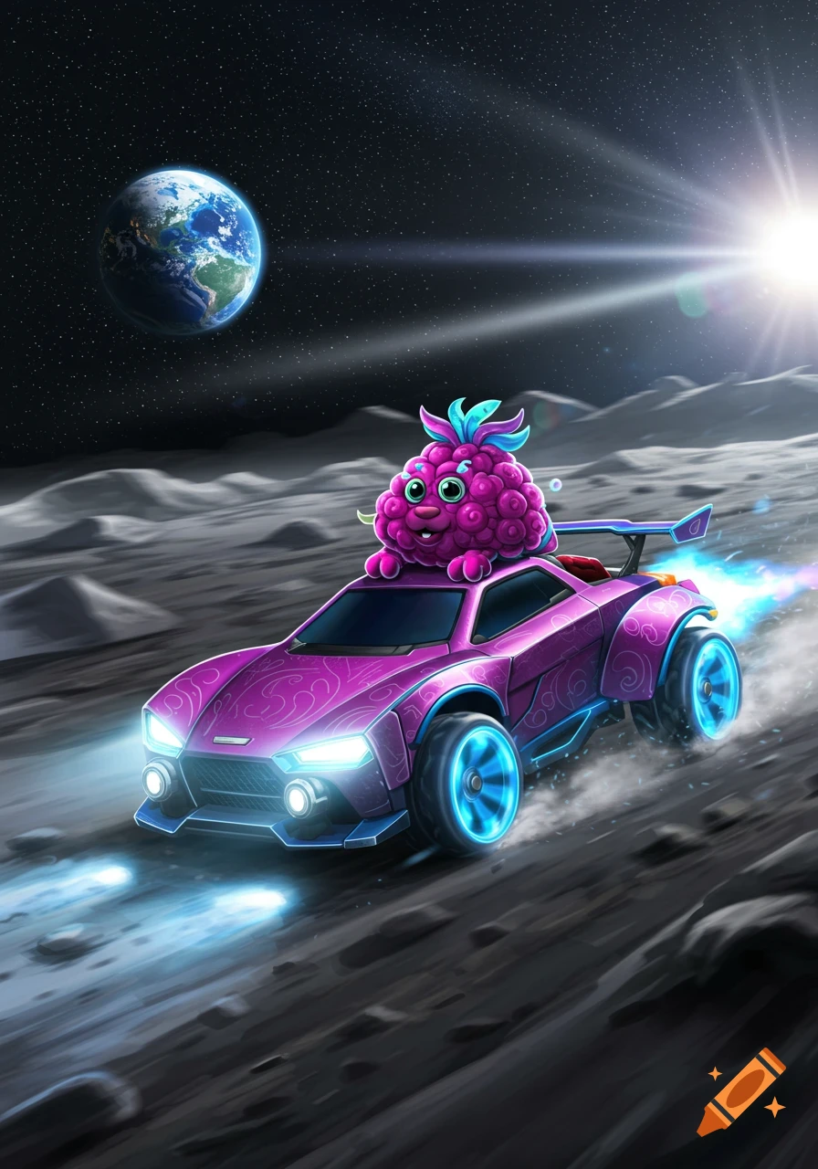 A vibrant cartoon illustration of a purple car with a pink berry-like creature on its roof, driving on the moon with Earth in the background.