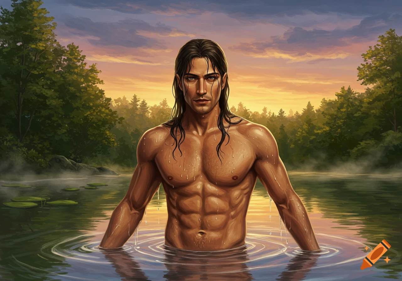 A shirtless man with long dark hair stands in a lake at sunset, surrounded by trees. Digital painting style.