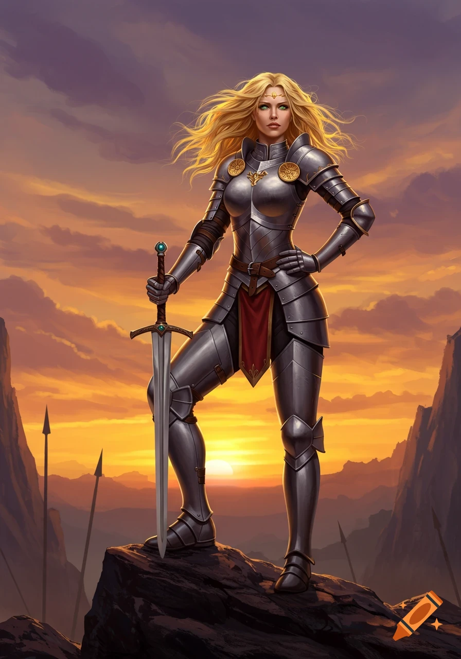 Blonde female warrior in full plate armor stands on a rock, holding a sword, against a vibrant sunset sky with mountains.