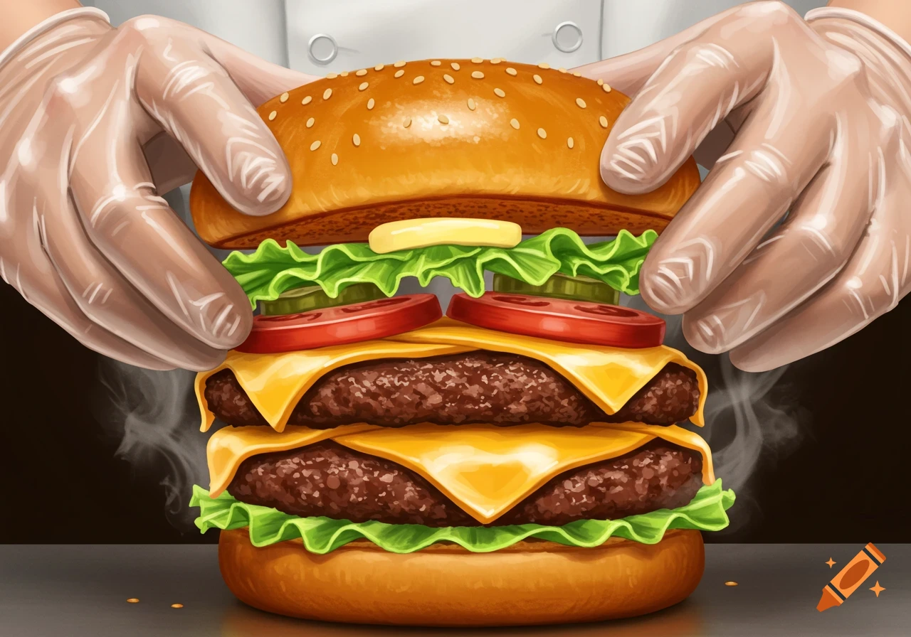 Illustrated close-up of gloved hands assembling a steaming double cheeseburger with lettuce, cheese, patties, tomato, and pickles.