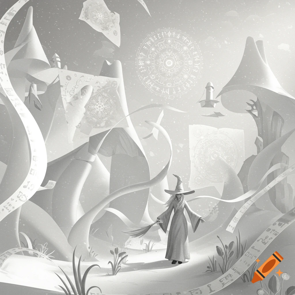 Grayscale illustration of a witch with a broom in a fantasy landscape made of paper, with floating ribbons and magical symbols.