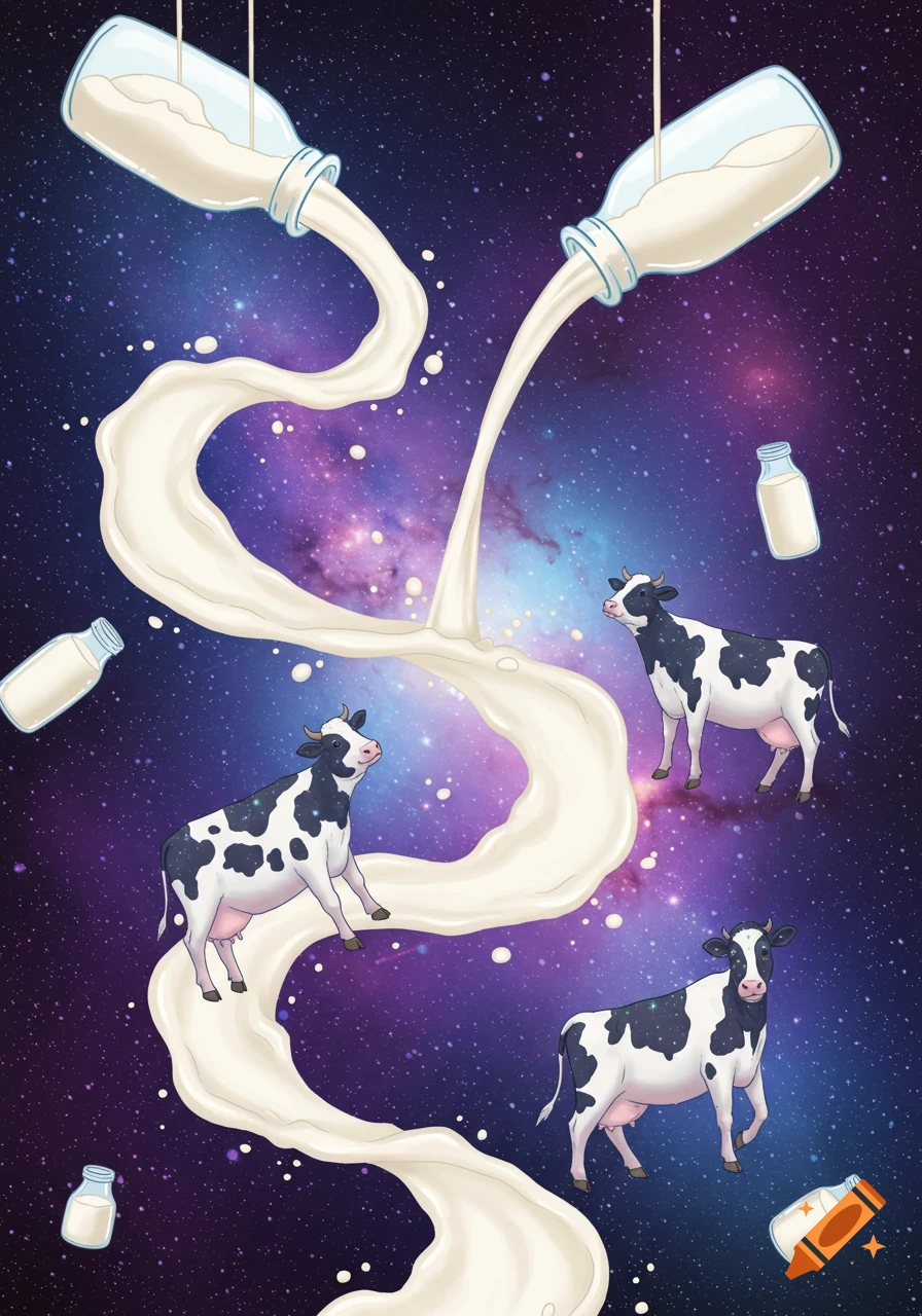 Cartoon illustration of black and white cows floating in a vibrant galaxy as milk pours from bottles in looping streams.