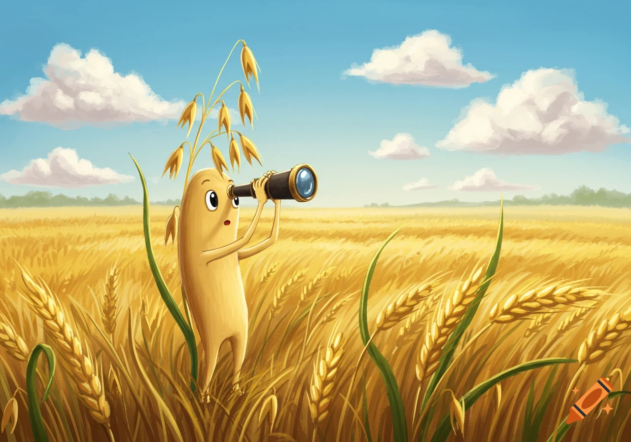 A cute cartoon oat sprig looks through a telescope in a golden field under a blue sky.