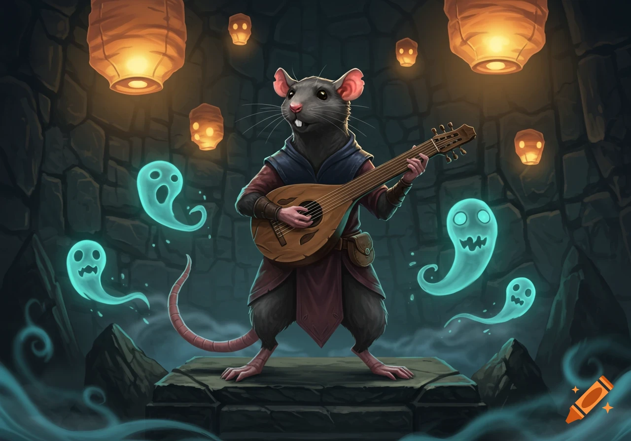 A fantasy illustration of a rat bard playing a lute amidst glowing lanterns and blue ghosts in a dark stone dungeon.