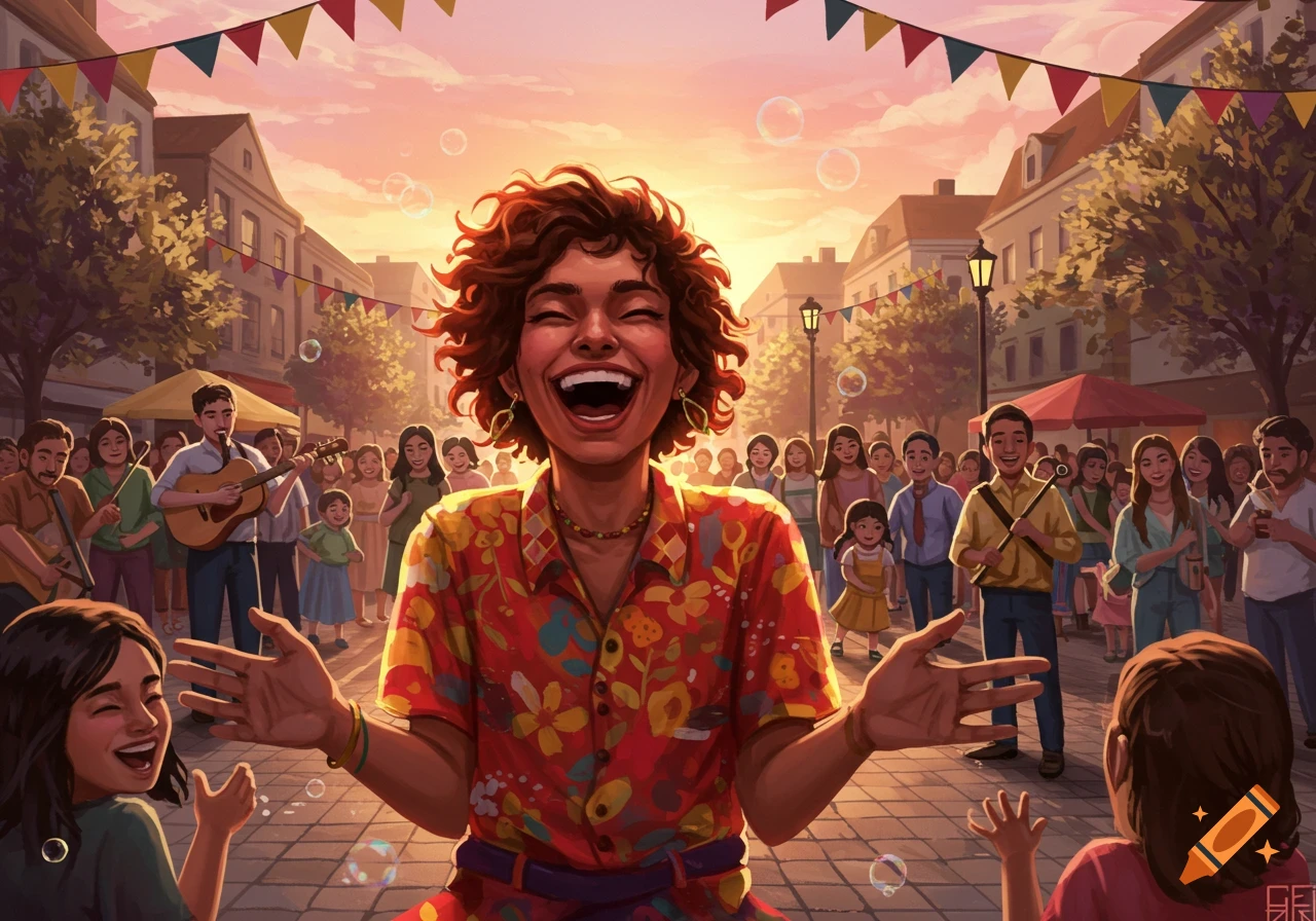 A vibrant illustration of a woman with curly hair laughing joyfully, surrounded by a festive crowd with musicians and bubbles in a sunny street.