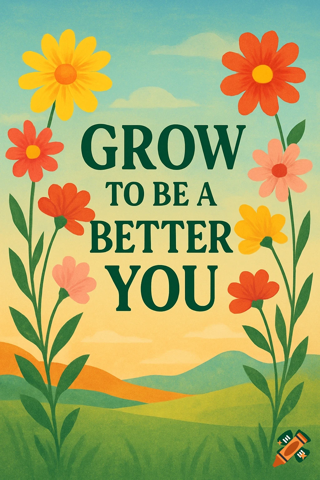 A colorful, textured poster with flowers framing the text "GROW TO BE A BETTER YOU" over a green landscape, with a 4-H logo.