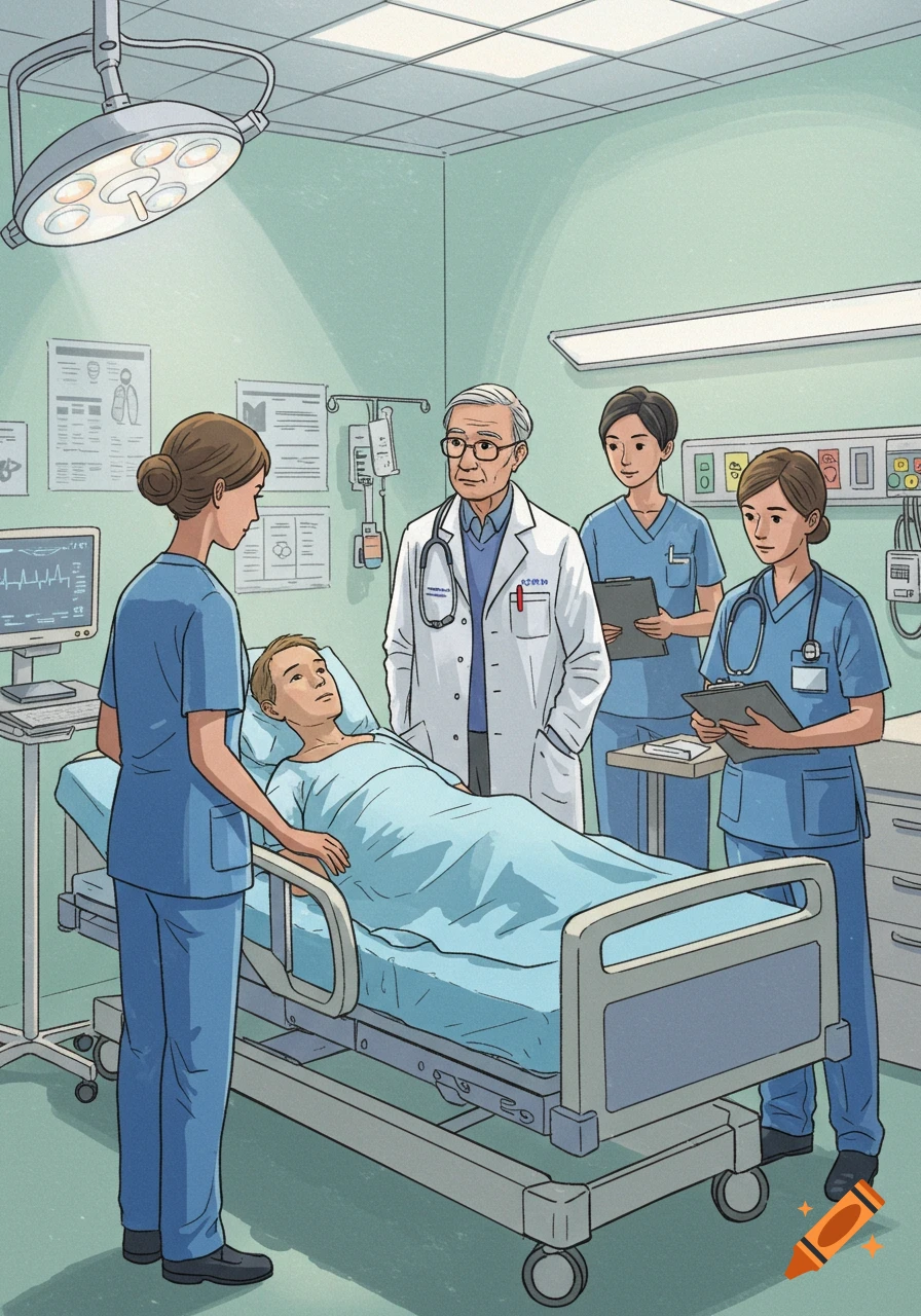 A medical team including a senior doctor and three nurses attends to a patient lying in a hospital bed.