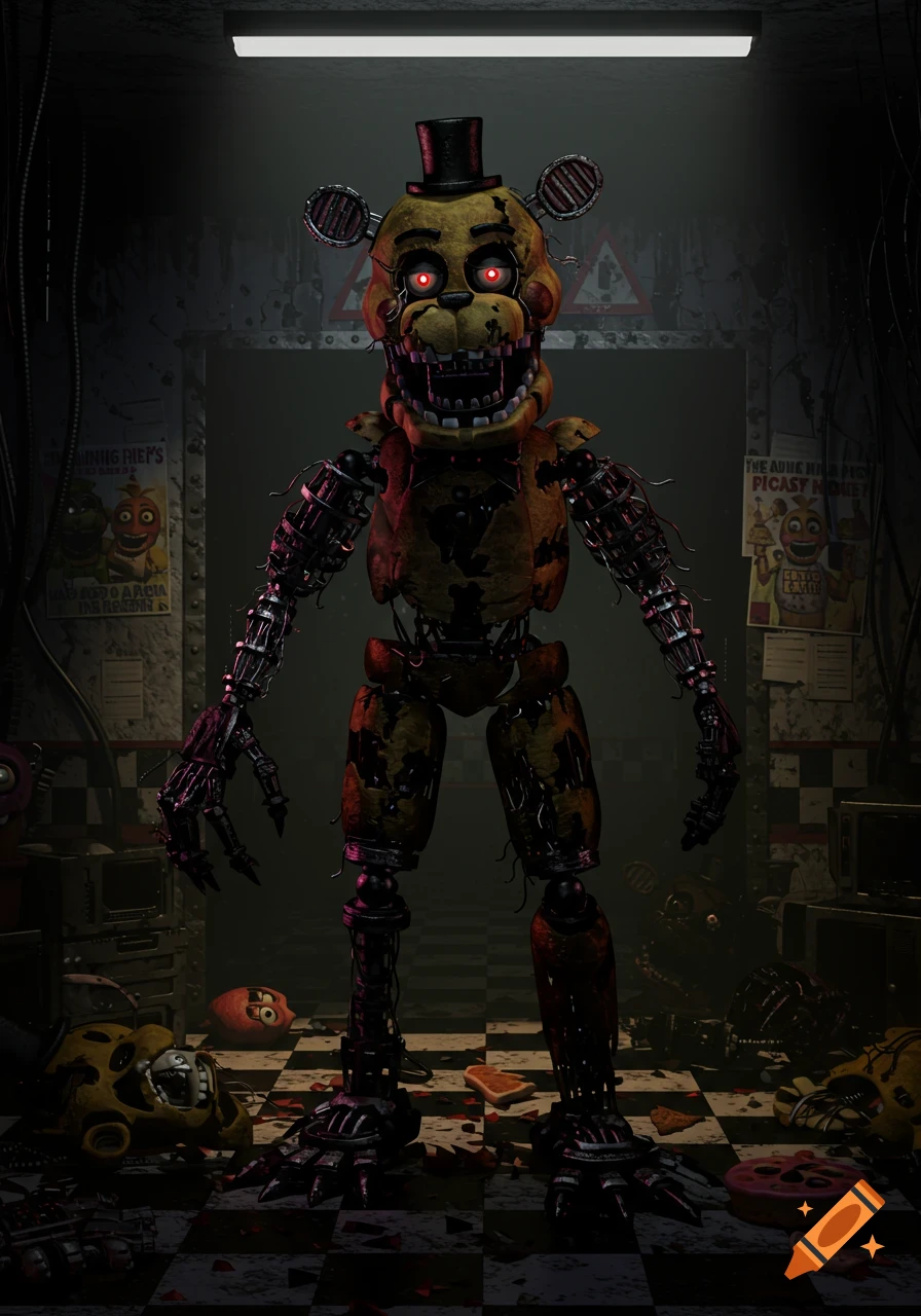 A damaged, golden animatronic bear with glowing red eyes stands in a dark, cluttered room with wires and broken objects on the floor.