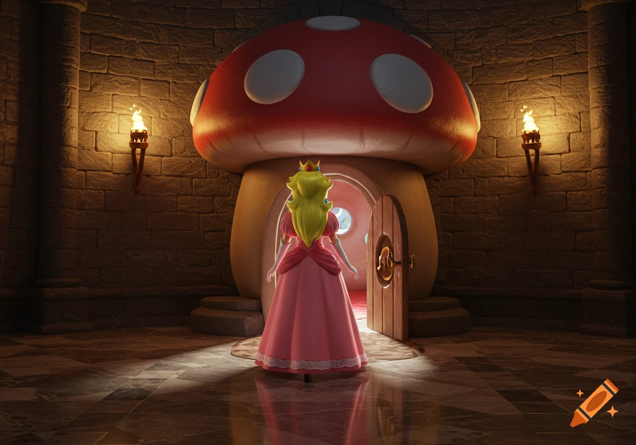 Princess Peach stands before an open mushroom house door in a dimly lit stone castle room with torches.