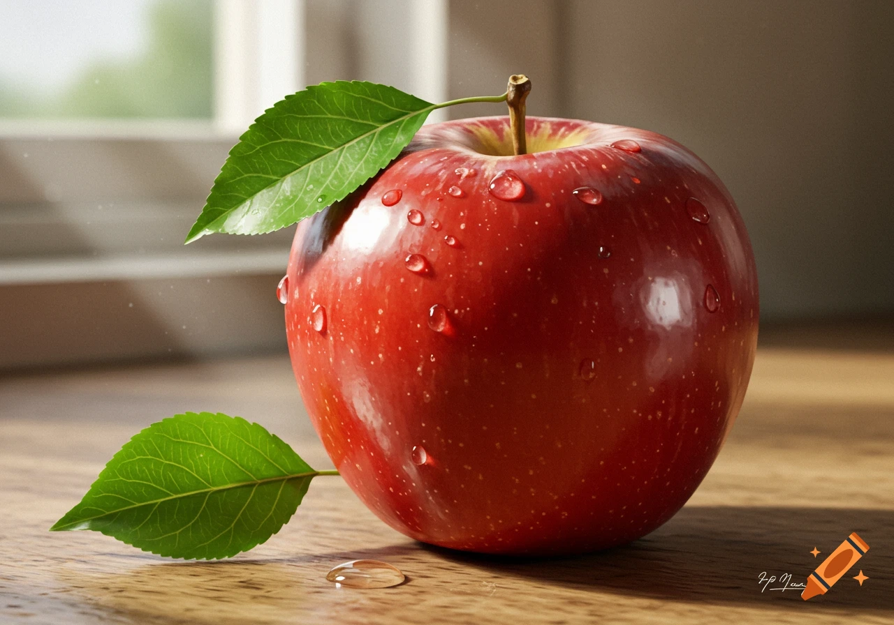 Close-up photorealistic shot of a vibrant red apple covered in water droplets with green leaves, resting on a wooden table near a window.