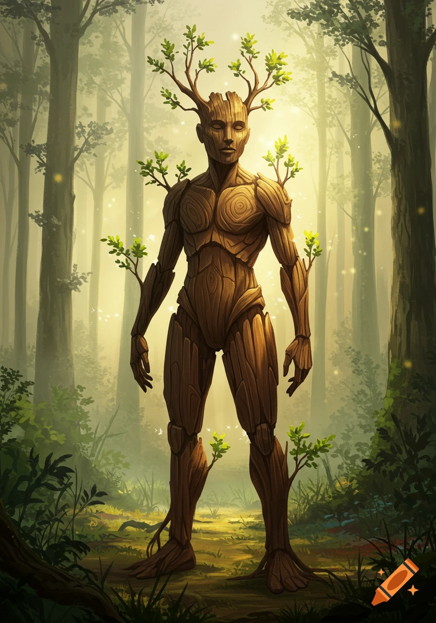 A mystical wooden humanoid figure with leafy branches stands in a sunlit, misty forest, digital painting.
