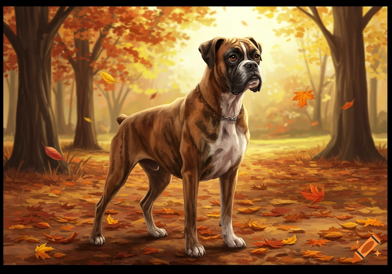 An illustrated brindle boxer dog with a white chest stands in an autumn forest with falling orange leaves.
